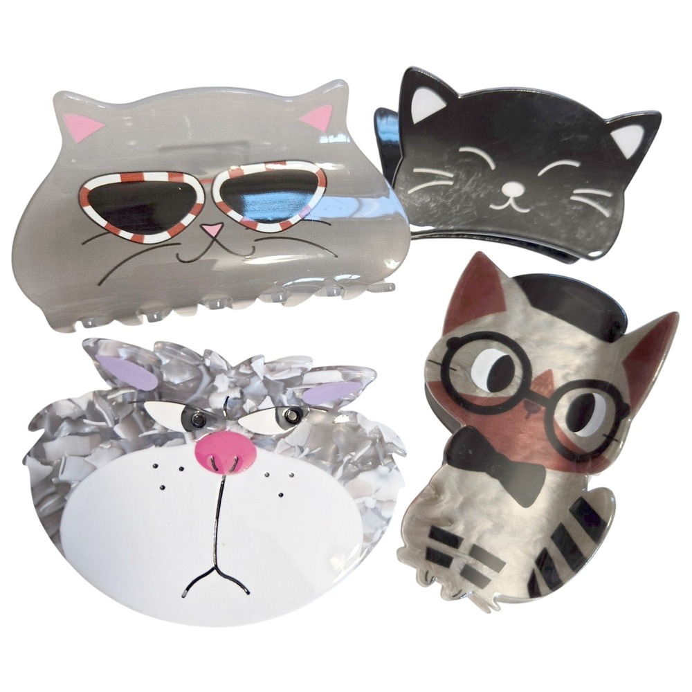 Lot of 4 Fun Cat Hair Claw Clips Cellulose Acetate Feline Kitty Accessories Set